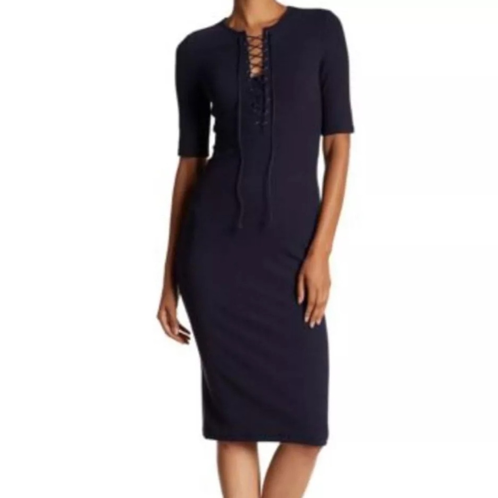 Derek Lam 10 Crosby Ribbed Knit Lace-up Midi Dress Midnight Blue Sz Small